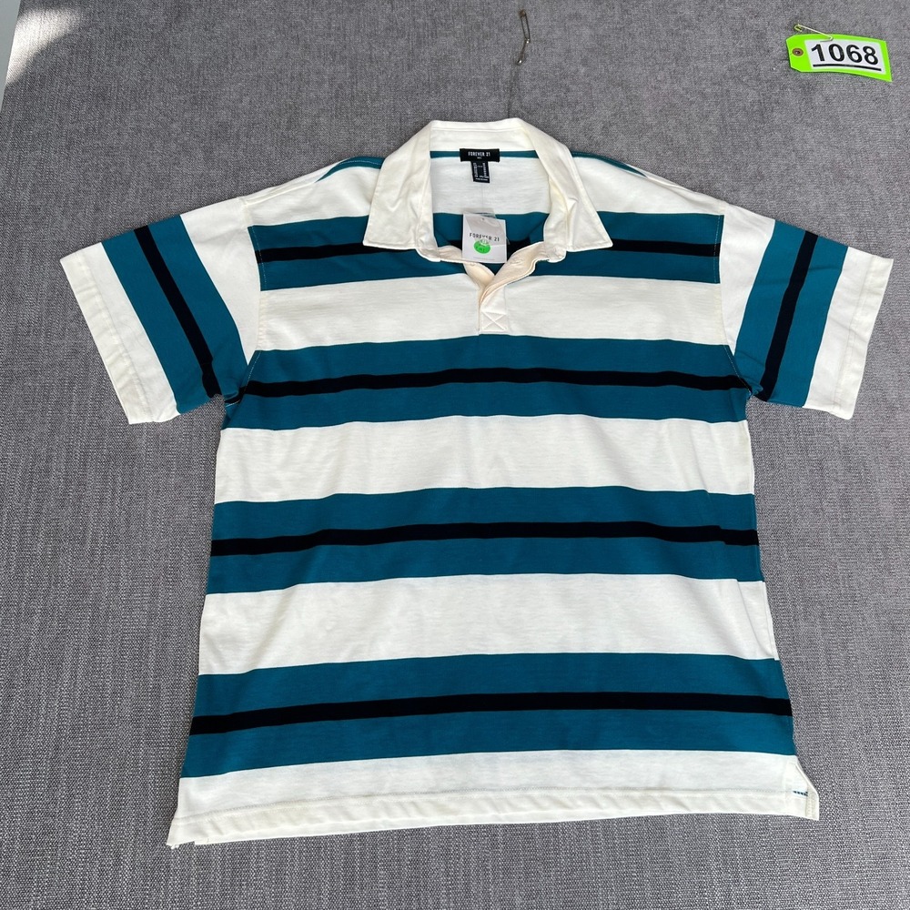 Forever 21 Polo Shirt Mens Medium Blue White Striped Collared Side Slit Popover